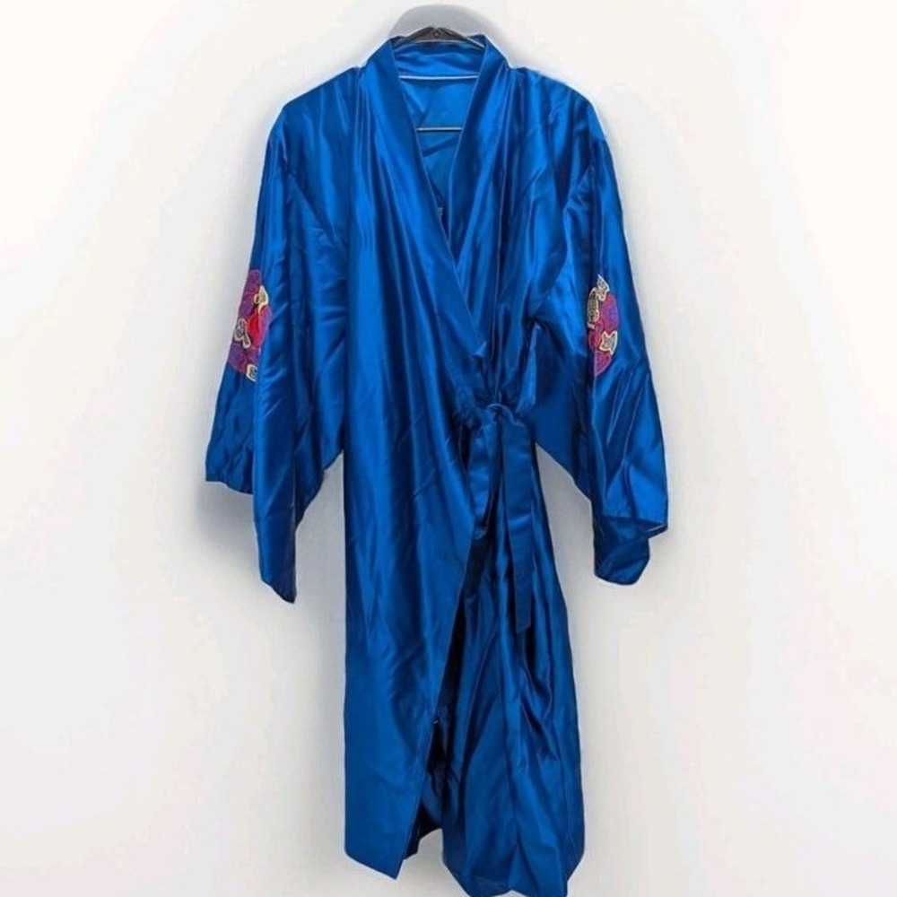 Vintage Blue Satin Kimono Robe Embroidered Medallion Festival Boho
